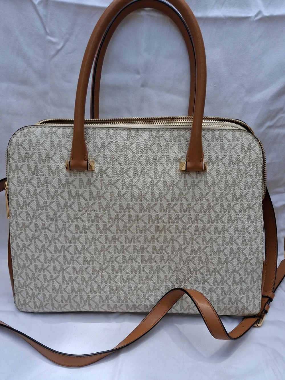 Michael Kors Beige Signature MK Satchel with Acorn Trim